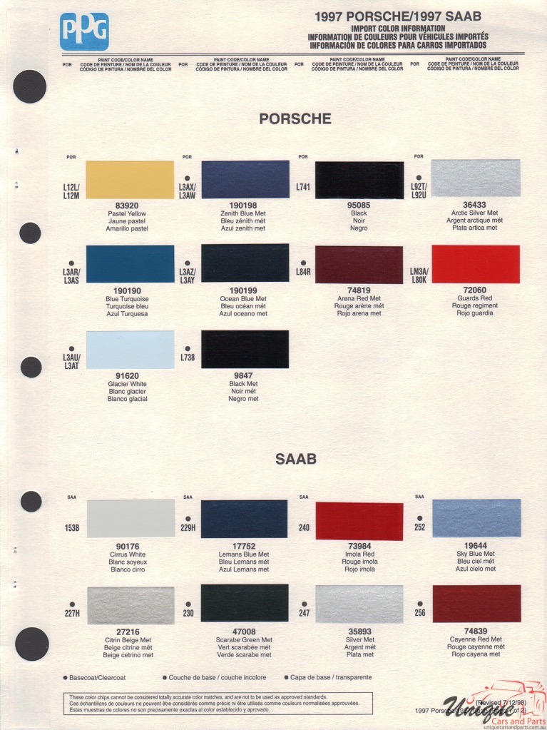 1997 Porsche Paint Charts PPG 1